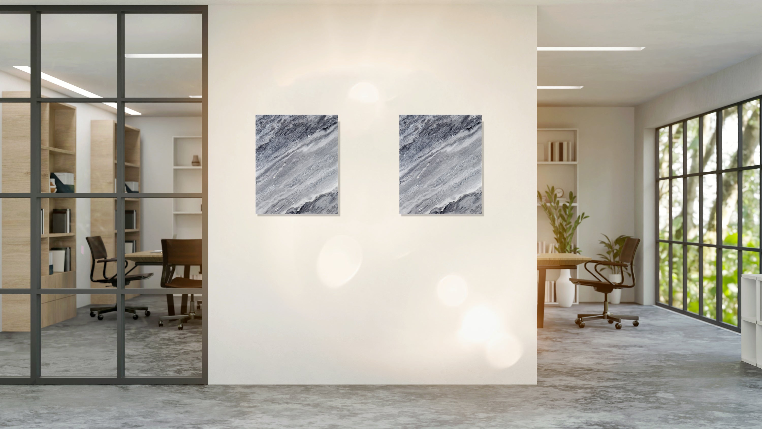 Zwei Marmony Carrara Optik 500W Naturstein Infrarotheizungen an der Wand im Büro